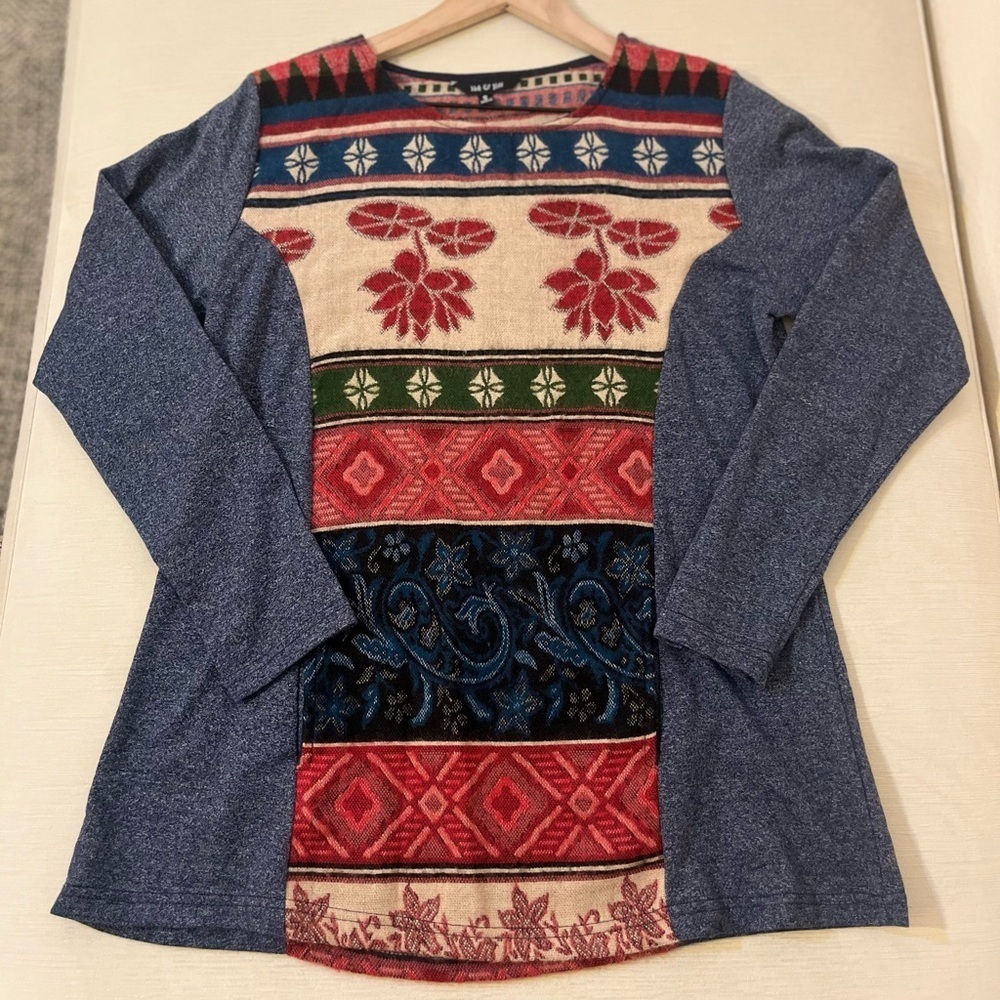 Yak & Yeti Boho Patchwork Sweater Folk Art Tapestry Eclectic Bohemian Artisan